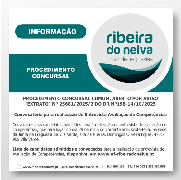 PROCEDIMENTO CONCURSAL - CONVOCAT&Oacute;RIA PARA REALIZA&Ccedil;&Atilde;O ENTREVISTA AVALIA&Ccedil;&Atilde;O DE COMPET&Ecirc;NCIAS